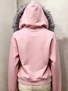 INAWLY Women's Regular Rhinestone Letter Embroidered Long Sleeve Hooded Zip-Up Sweatshirt - Dusty Pink - View 2