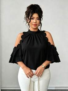 Elenzga Plus Size Women's Pink Cold-Shoulder Blouse With Floral Embellishments, Exquisite 3D Flower Decor, Double Layer Ruffle Sleeves, Slimming Summer Elegant Top, Suitable For Back To School, Graduation, Valentine's Day, Music Festival, Mother's Day, Halloween, Thanksgiving, Easter, National Day, Prom, Date Party, Wedding Season, Outings - Black - View 1