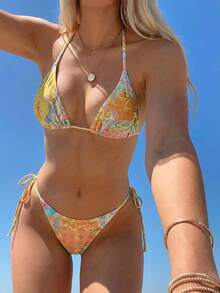 Swim Mod 女款度假休閒性感波希米亞風比基尼套裝，海灘橘色佩斯利印花泳衣，夏季款 - 彩色 - 查看 1