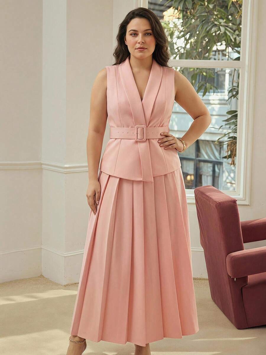 MOTF PREMIUM WOMEN'S PLUS SIZE ELEGANT COMMUTER WAIST-CINCHED WAISTCOAT & 2 SKIRT PIECES SET - Pink - View 2