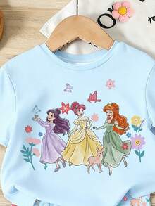 SHEIN Elladie kids 一套女童休闲甜美可爱蓝色短袖套装，梦幻公主印花T恤搭配可爱蝴蝶、小鹿、花朵图案短裤，适合夏季外出、度假、上学和节日穿着。 - 彩色 - 查看 5