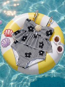 SHEIN Baby Girl Metal Shell Decor Floral Print Striped Color Block Cami One-Piece Swimsuit - Multicolor - View 6