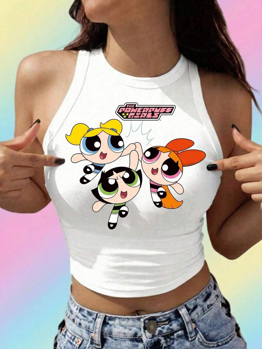 THE POWERPUFF GIRLS X SHEIN 女士夏季花朵、泡泡、毛茛图案短款背心 - 白色 - 查看 1