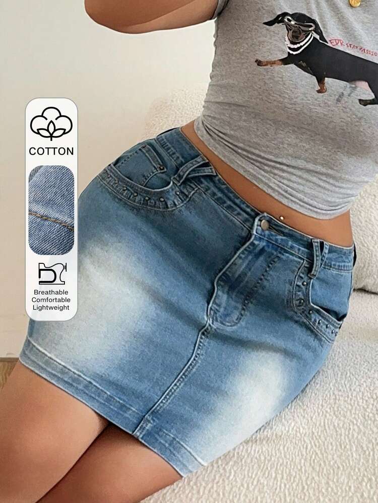 Dazy Plus Vintage Washed Distressed Wrap Sexy Versatile Mini Skirt, Plus Size Women Spring Summer Date Casual Denim Clothing
