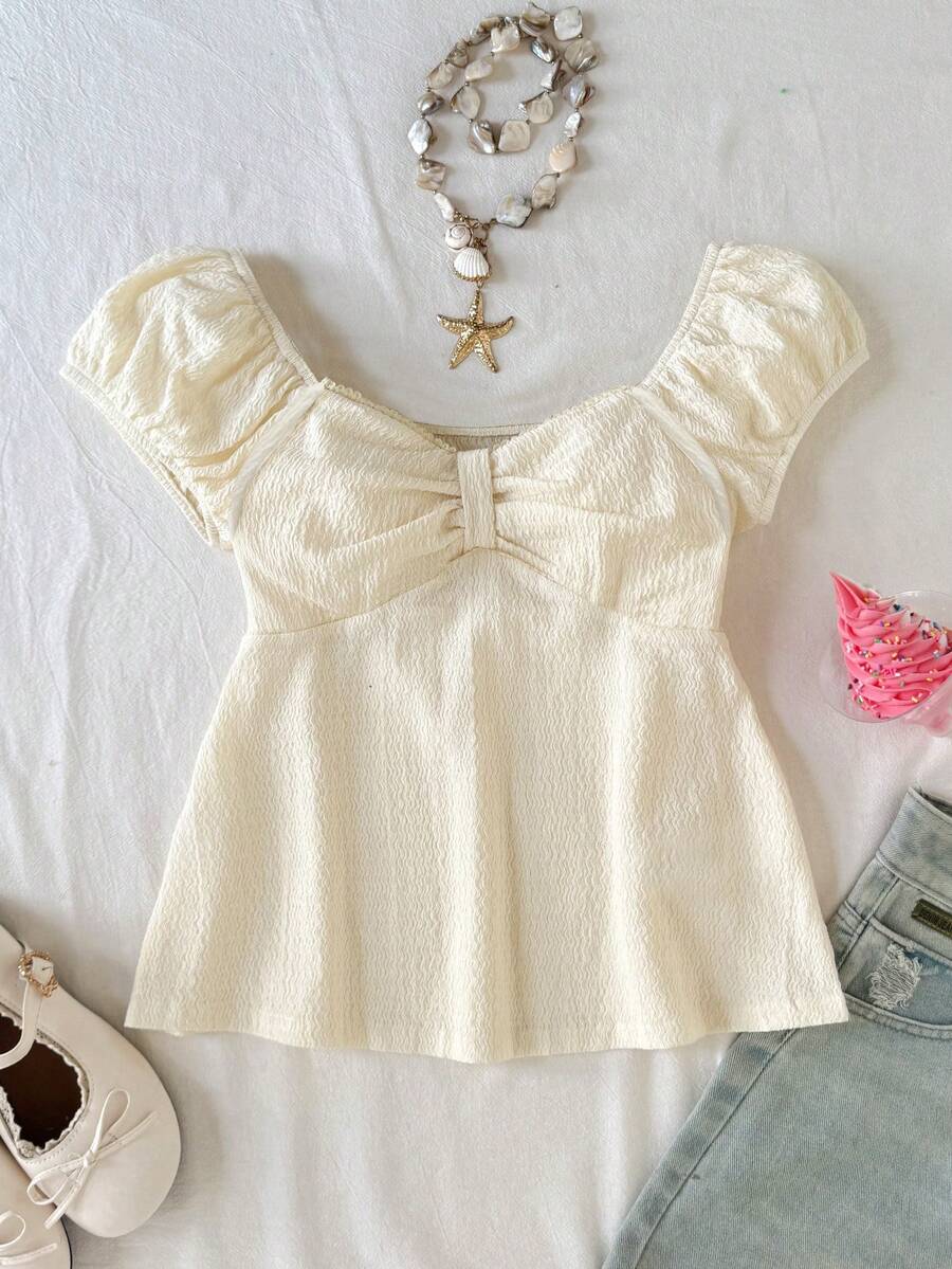 SHEIN 青少年女孩時尚優雅編織格紋短袖襯衫上衣 夏季可愛上衣 - 杏色 - 查看 1