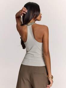 SHEIN BAE Women's Spring/Summer Bohemian Heavy Studded Embellished Backless Tank Top, Sexy Tank, Casual, Boho, Party Night, Festival, Concert, Outing - Apricot - View 2