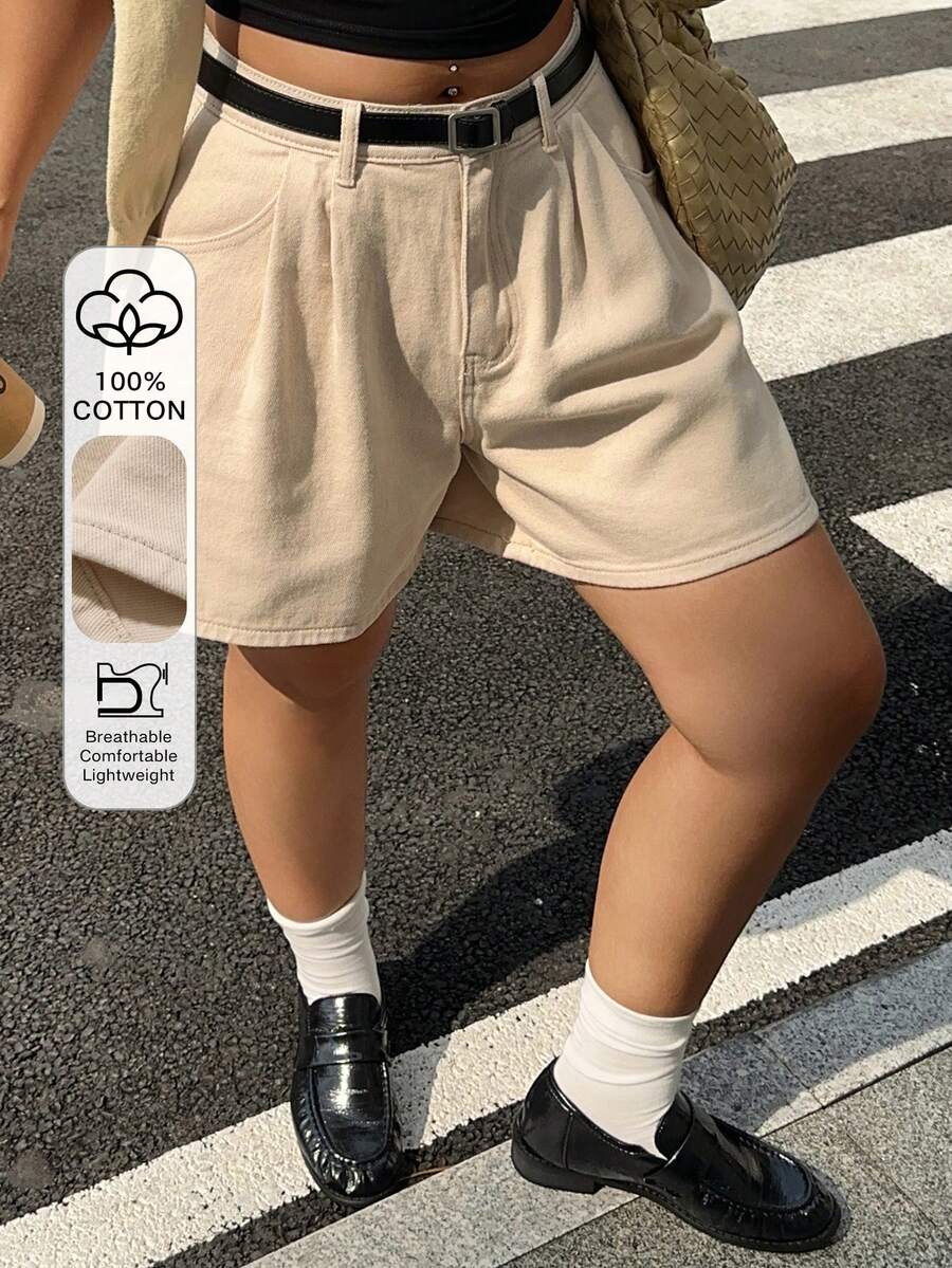 Dazy Plus 大尺碼女款休閒百褶牛仔短褲,杏色,春/夏校園風 - 杏色 - 查看 1