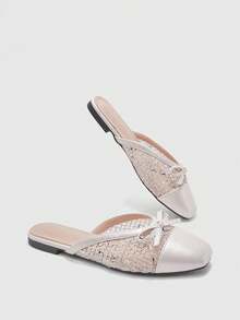 CUCCOO BIZCHIC French Style Flat Slide Sandals For Women, Summer Versatile New Bowknot Woven Closed Toe Mules Spring Shoes - White - View 6