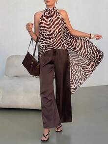 Lavishia Chemise en mousseline de soie sans manches à imprimé zébré à la mode pour femmes, convient pour l'été, les vacances, les fêtes et les tenues décontractées - Marron - Voir 3