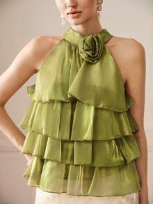 BELROSIE Lily Satin Multi-Layer Ruffle Neckline Handmade 3D Flower Sleeveless Halter Neck Top For Women - Green - View 3