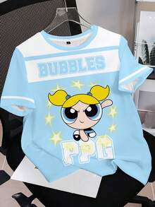 THE POWERPUFF GIRLS X SHEIN 少女圆领卡通字母印花休闲百搭日常短袖T恤 - 白色 - 查看 3