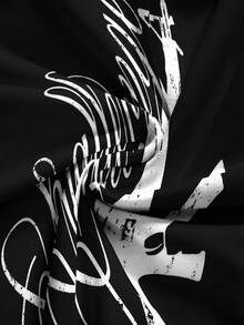 ROMWE Grunge Punk 深色龐克街頭標語塗鴉手寫非對稱肩性感女款T恤 - 黑色 - 查看 4