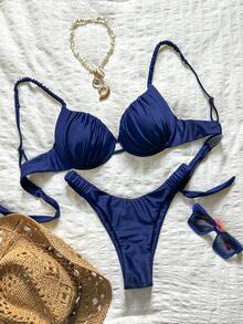 Bonvoyette Hard Cup Steel Support Spaghetti Strap Ruched Sexy Bikini Set - Navy Blue - View 4