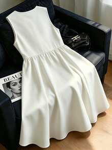 SHEIN Franclia 女士休闲度假风无袖印花系带连衣裙 - 白色 - 查看 2
