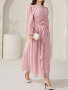 Solavon Vestido elegante de mujer talla grande con cuello redondo, mangas farol, patchwork y volantes - Rosa vieja - Ver 8