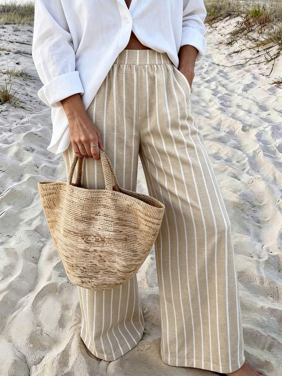 Vaclyn Women's Casual Vacation Style Striped Wide Leg Loose Long Pants - Khaki - View 1