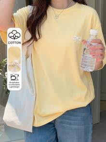 DAZY 女款夏季蝴蝶結刺繡寬鬆短袖圓領T恤 - 黃色 - 查看 1