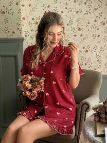 CottageSlumber Pink Heart Print Ruffle Collar Open Front Short Sleeve Shorts Plus Size Pajama Set - Red - View 6
