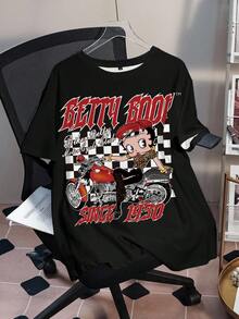 Betty Boop x SHEIN Plus Size Women's Black All-Over Print Round Neck Short Sleeve Fashion T-Shirt - White - View 3