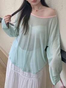 Dazy Plus Solid Color Large Scoop Neck Half-Open Placket Long Sleeve T-Shirt Spring Summer - Mint Green - View 4