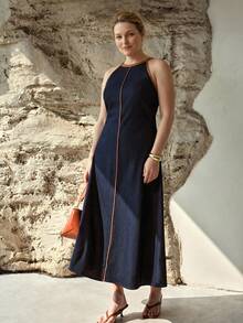 MOTF PREMIUM VESTIDO DE MEZCLILLA SIN MANGAS CON PARCHES DE COLORES CONTRASTANTES PARA MUJER TALLA GRANDE, PRIMAVERA/VERANO - Azul - Ver 6
