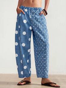 Bohemela Women's Blue Polka Dot Elastic Waist Pocket Long Pants Daily Autumn Casual - Medium Wash - View 2