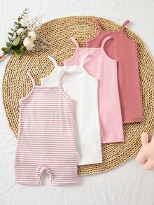 SHEIN 4件組女嬰休閒舒適百搭吊帶連身褲 夏季適合度假與外出 - 彩色 - 查看 8