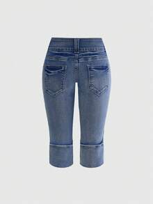 ROMWE Grunge Punk Summer Outfits Vintage Y2K Sexy Ultra Low Waist Denim Capri Pants - Baby Blue - View 2