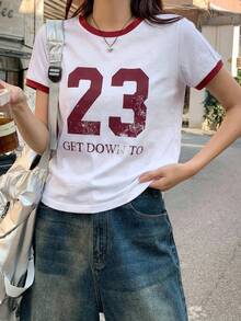 DAZY 女款撞色字母織帶裝飾修身休閒街頭運動風短袖T恤 - 白色 - 查看 2