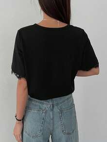 DAZY Women's Summer Round Neck Short Sleeve Lace Patchwork Casual Pullover T-Shirt - Black - View 6