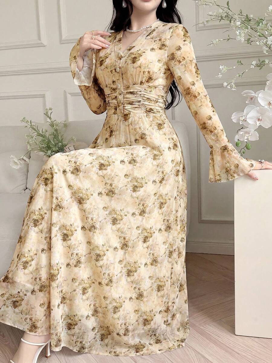 Feyla 女款花卉印花V領長袖休閒長洋裝 - 綠色 - 查看 1