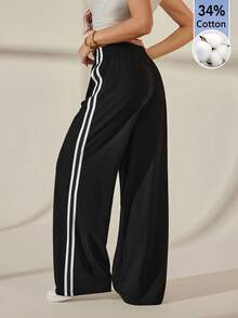 SHEIN Tall 休閒側條紋長褲 簡約時尚 日常休閒 棉混紡 高個女性適用 - 黑色 - 查看 2
