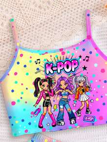 Young Girl Letter Cartoon Print Cami Top And Shorts Casual Daily Home Pajama Set - Multicolor - View 4