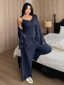 Dazy Plus Fashionable 3-Piece Home Wear Set, Slim Fit Camisole, Contrast Lace Cardigan, Pants, Elegant Plus Size Women's Pajama Set - Navy Blue - View 3