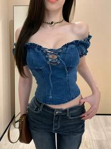 Joudiya 女士露肩系带短款上衣，休闲优雅，适合约会、婚礼、度假、海滩、春夏穿着。 - 中等水洗藍 - 查看 8
