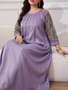Al Najma 大尺碼女款花卉刺繡網紗插肩袖優雅阿拉伯風洋裝 - 紫色 - 查看 5