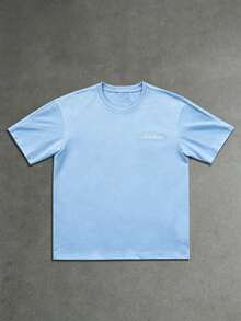 Manfinity Roughcore Men's Short Sleeve T-Shirt, Back Large Line Letter Print, Handwritten English Font Design, Street Fashion, Versatile Casual T-Shirt, Raglan Sleeve Print, Suitable For Home, Outings And Travel, Gift For Son Or Husband - Blue - View 2