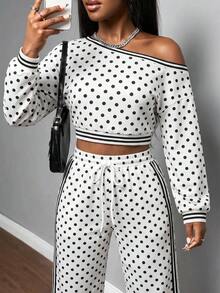 Slaydiva Conjunto casual de 2 piezas para mujer con top de manga larga y hombro asimétrico con estampado de lunares y pantalones - Multicolor - Ver 5