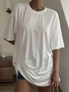 Livesso Women's All White Summer Casual Everyday Loose Top With Pleated Asymmetric Hem,Street Style Short Sleeve T-Shirt For Music Festival Vacation Office - White - View 6
