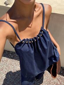 Livesso Summer Fashion Design Drawstring Navy Blue Top Straight Leg Casual Pants Set, Loose Business Business Vacation Commute Women's 2-Piece Set - Dark Wash - View 7