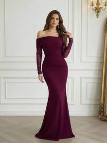 Modelyn Women's Fashion Oblique Shoulder Formal Evening Mermaid Dress Women's Formal Evening Dress Gown (Heavy Embroidery) Women Rhinestone Embellished Sheer Black Long Evening Gown, Wedding Guest Dress, Elegant Evening Dress, Prom Dress, For Wedding Dress Waist And Chest Slimming, Party Dress, Formal Dress Purple Women Evening Dress Off Shoulder Formal Dress Plum Dress Long Sleeve Formal Dress Sexy Elegant Dress - Red Violet - View 1