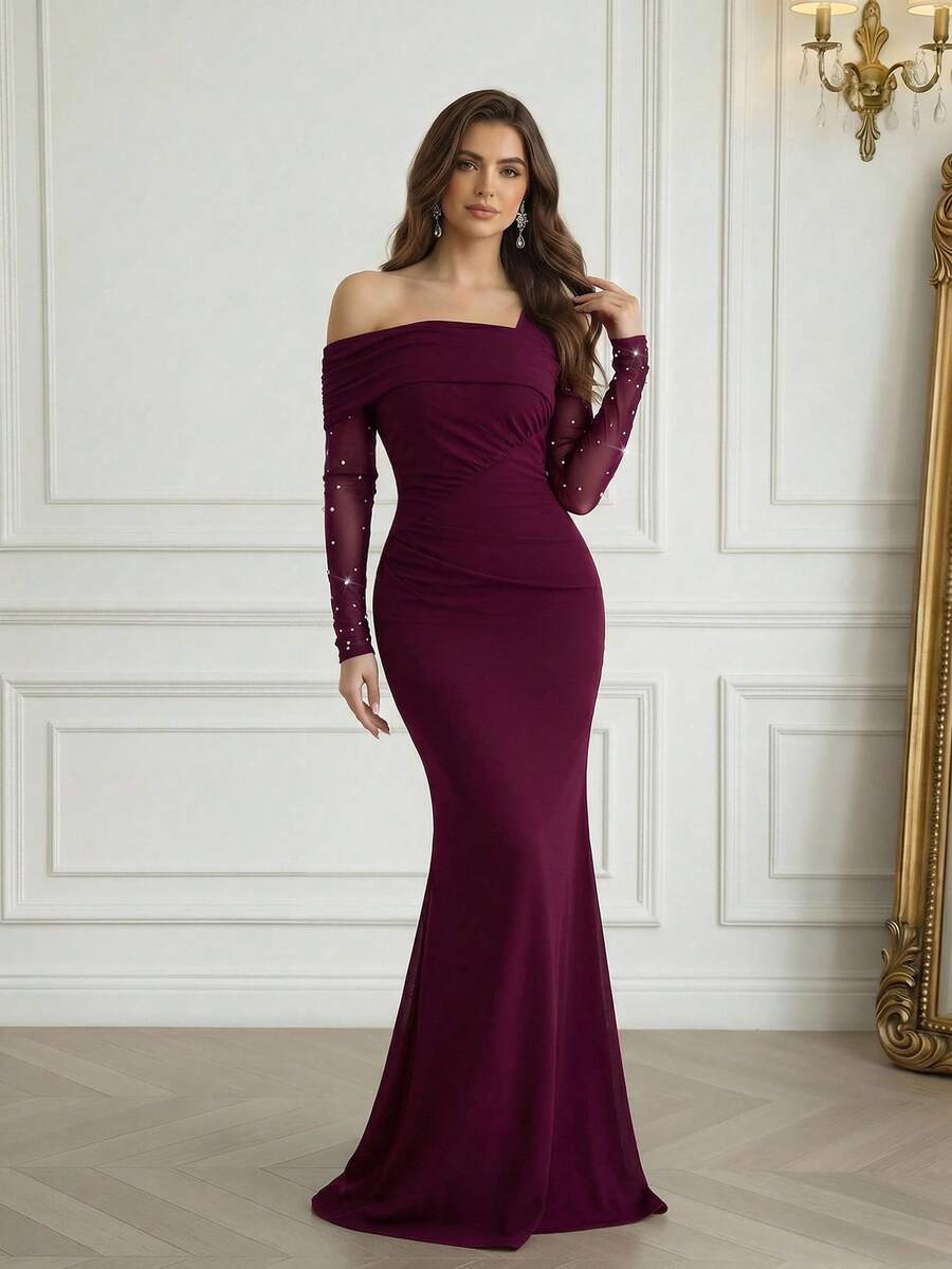 Modelyn Women's Fashion Oblique Shoulder Formal Evening Mermaid Dress Women's Formal Evening Dress Gown (Heavy Embroidery) Women Rhinestone Embellished Sheer Black Long Evening Gown, Wedding Guest Dress, Elegant Evening Dress, Prom Dress, For Wedding Dress Waist And Chest Slimming, Party Dress, Formal Dress Purple Women Evening Dress Off Shoulder Formal Dress Plum Dress Long Sleeve Formal Dress Sexy Elegant Dress - Red Violet - View 1