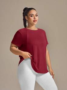 SHEIN Rhythm Era Plus Size Women's Round Neck Short Sleeve Casual Versatile Sports T-Shirt - Burgundy - View 4