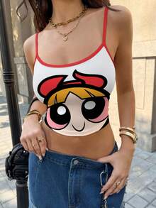 THE POWERPUFF GIRLS X SHEIN 女士可爱卡通图案圆领露脐吊带背心，休闲日常通勤，夏季 - 白色 - 查看 3