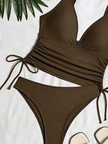 Swim SXY 女款2件式海灘夏季套裝，多色豹紋印花面料，深V領，雙肩帶，抓皺休閒比基尼套裝，兩件式泳衣 - 咖啡棕 - 查看 3