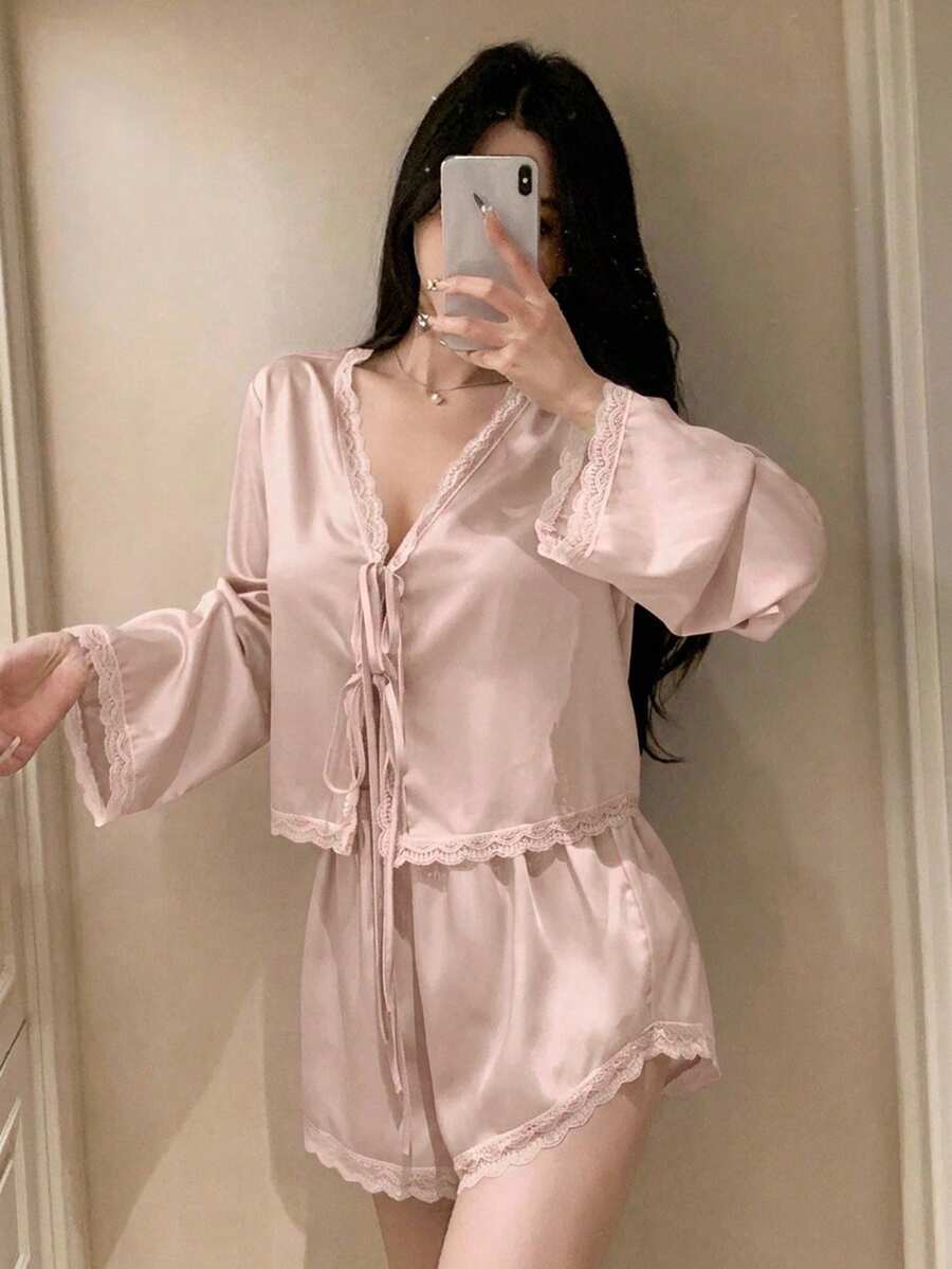 DAZY Romantic Lace Patchwork Satin Lace-Up Top & Ultra Short Pajama Pants 2pcs Set Women's Sleepwear - Baby Pink - View 1
