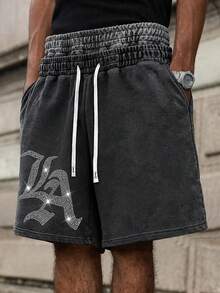 PAVTROS Men's Grey Summer Graphic Streetwear Beach Shorts,American Street Style Washed Distressed 2 In 1 Sports Pants,Elastic Waist Drawstring LA Rhinestone - Black - View 7