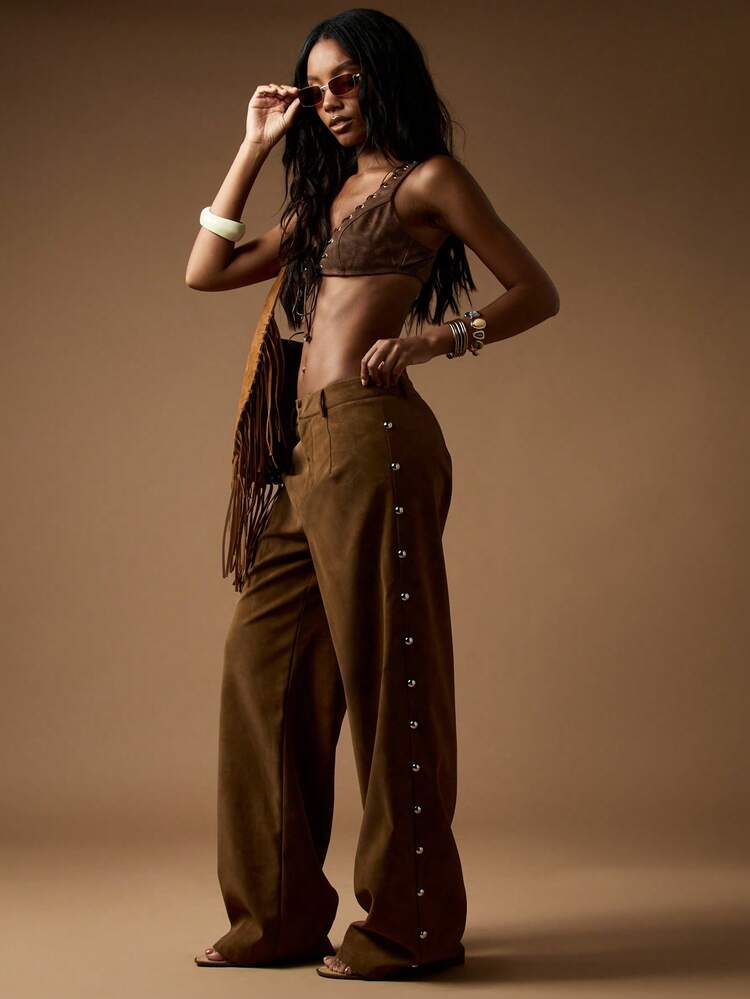 MISSGUIDED Distressed Leather Lace Up Bralette Top Festival Fashion Grunge Vintage Style Retro Boho Chic Cropped Tank