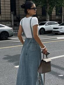 Dazy Tall Women's Deep V-Neck Spaghetti Strap Long Denim Dress, Tall Women - Medium Wash - View 2