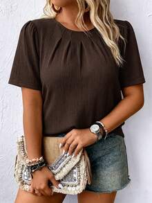 Momelise Plus Size Women's Casual Minimalist Solid Fold Pleated Short Sleeve Shirt, Summer - Brown - View 4